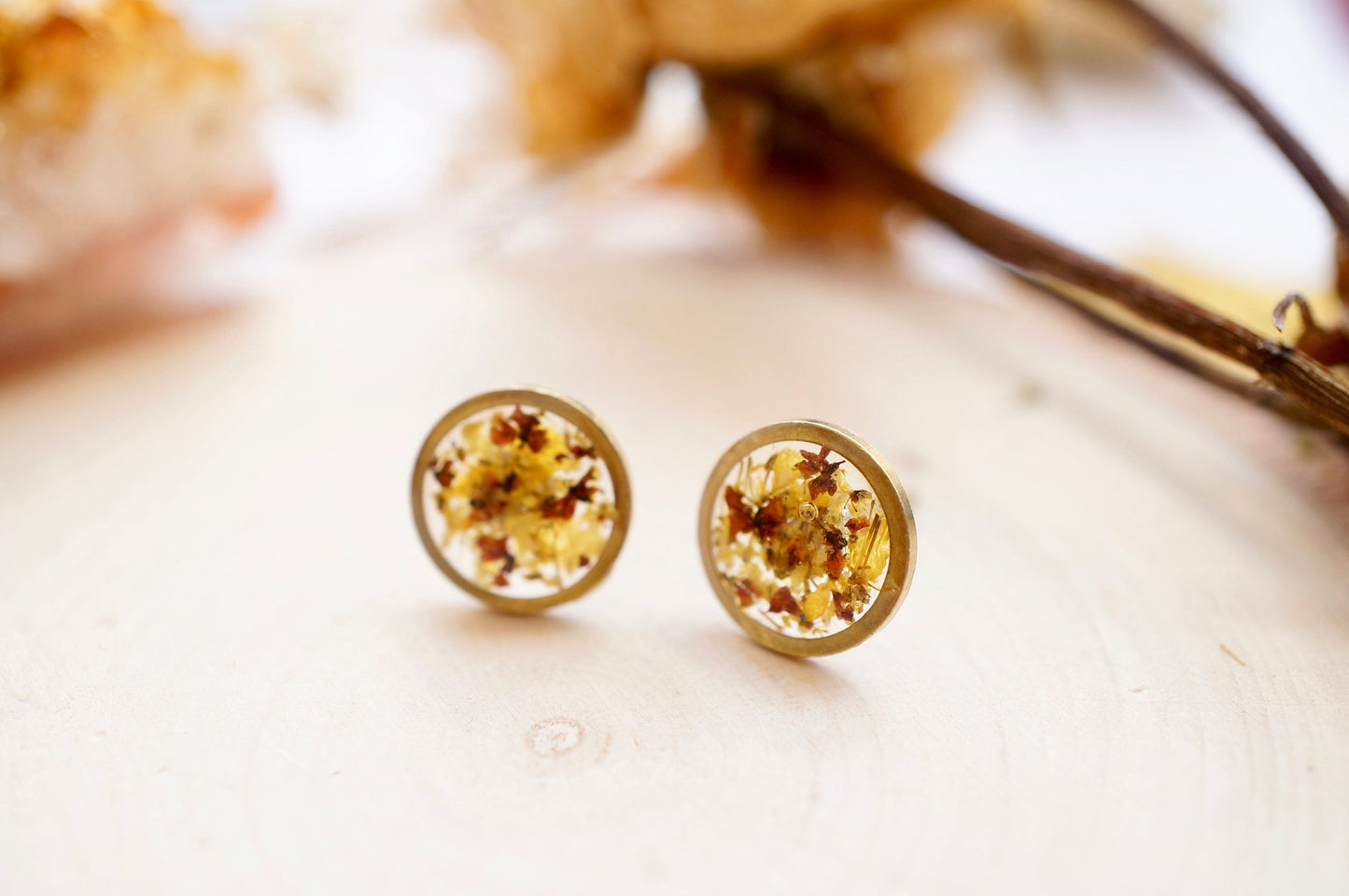 Real Pressed Flowers and Resin Stud Earrings, Raw Brass Circle in Yellow and Brown