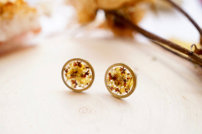 Real Pressed Flowers and Resin Stud Earrings, Raw Brass Circle in Yellow and Brown