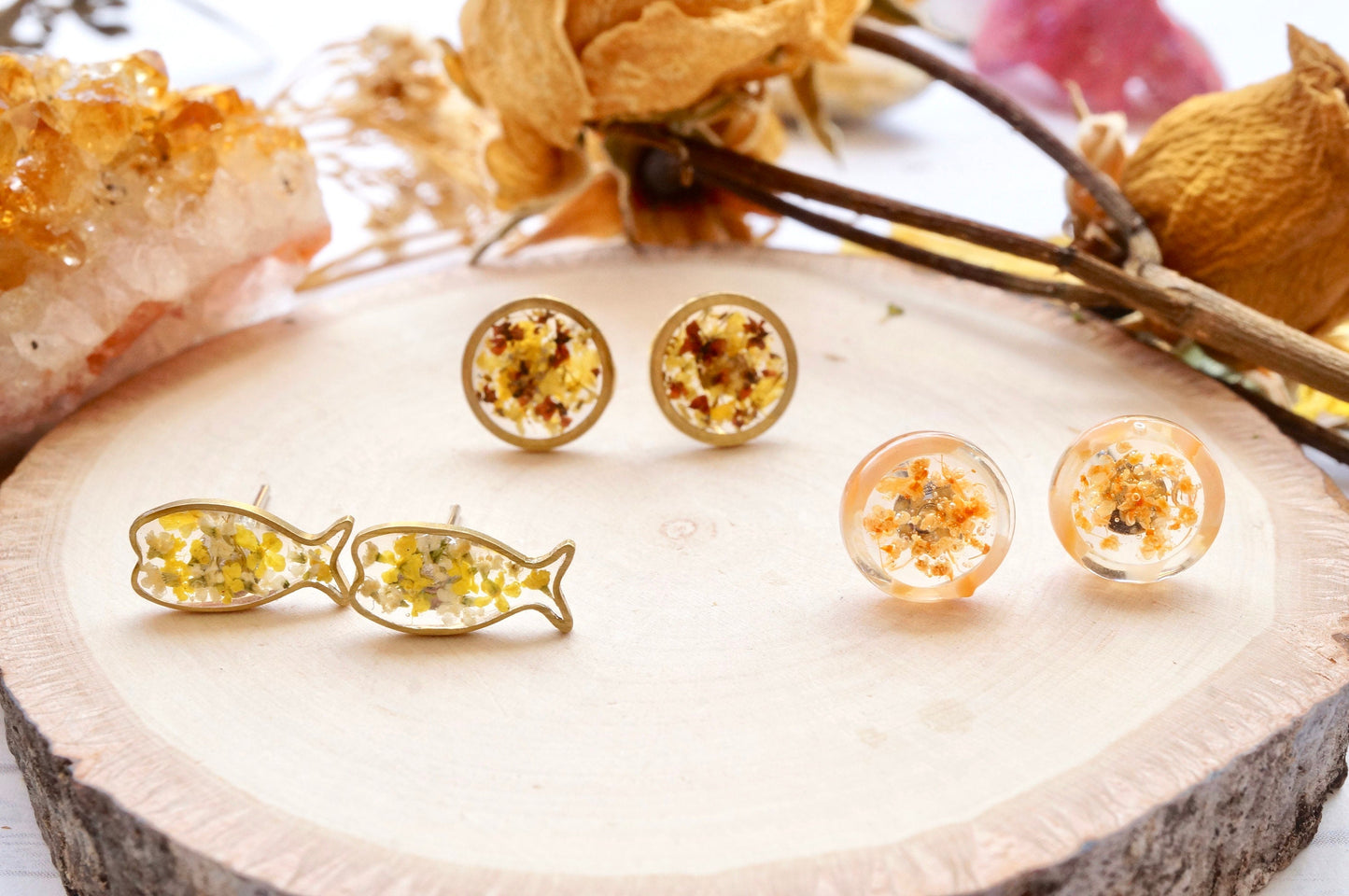 Real Pressed Flowers and Resin Stud Earrings, Raw Brass Circle in Yellow and Brown