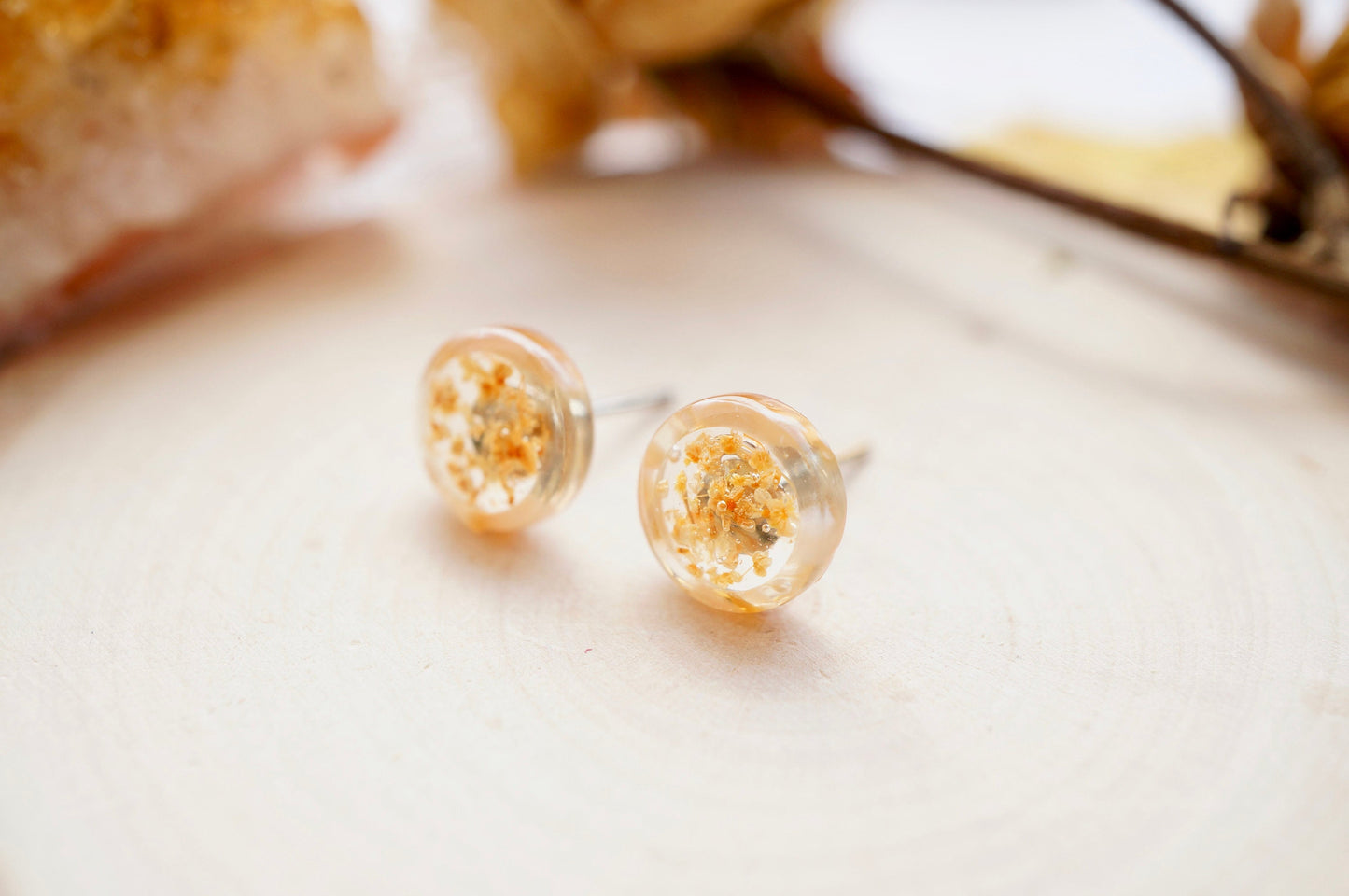 Real Pressed Flowers and Resin, Circle Stud Earrings in Orange