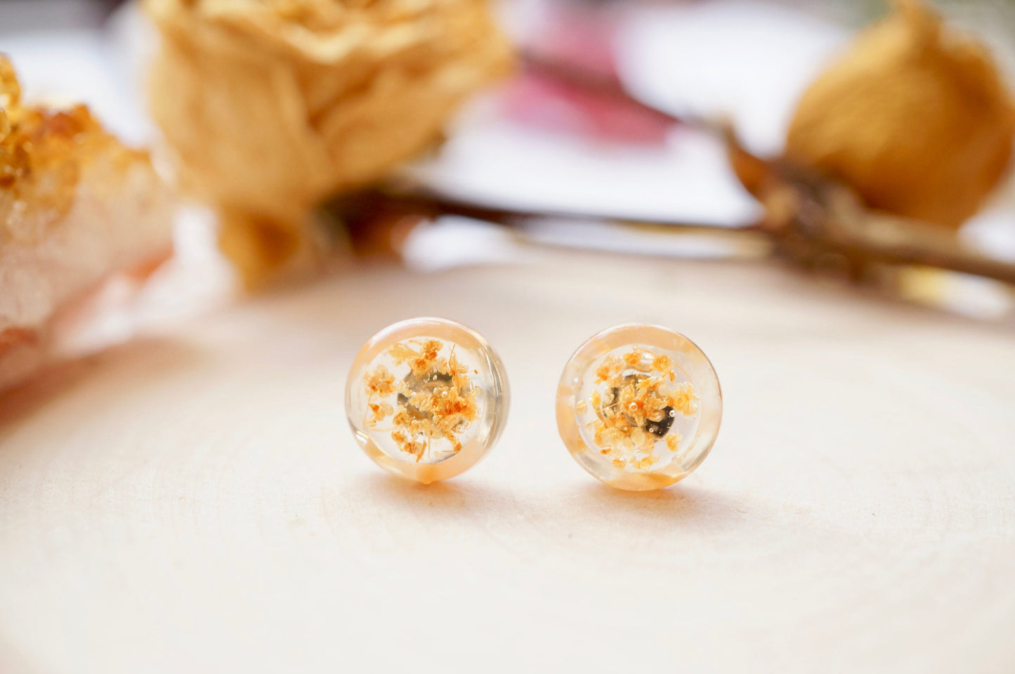 Real Pressed Flowers and Resin, Circle Stud Earrings in Orange