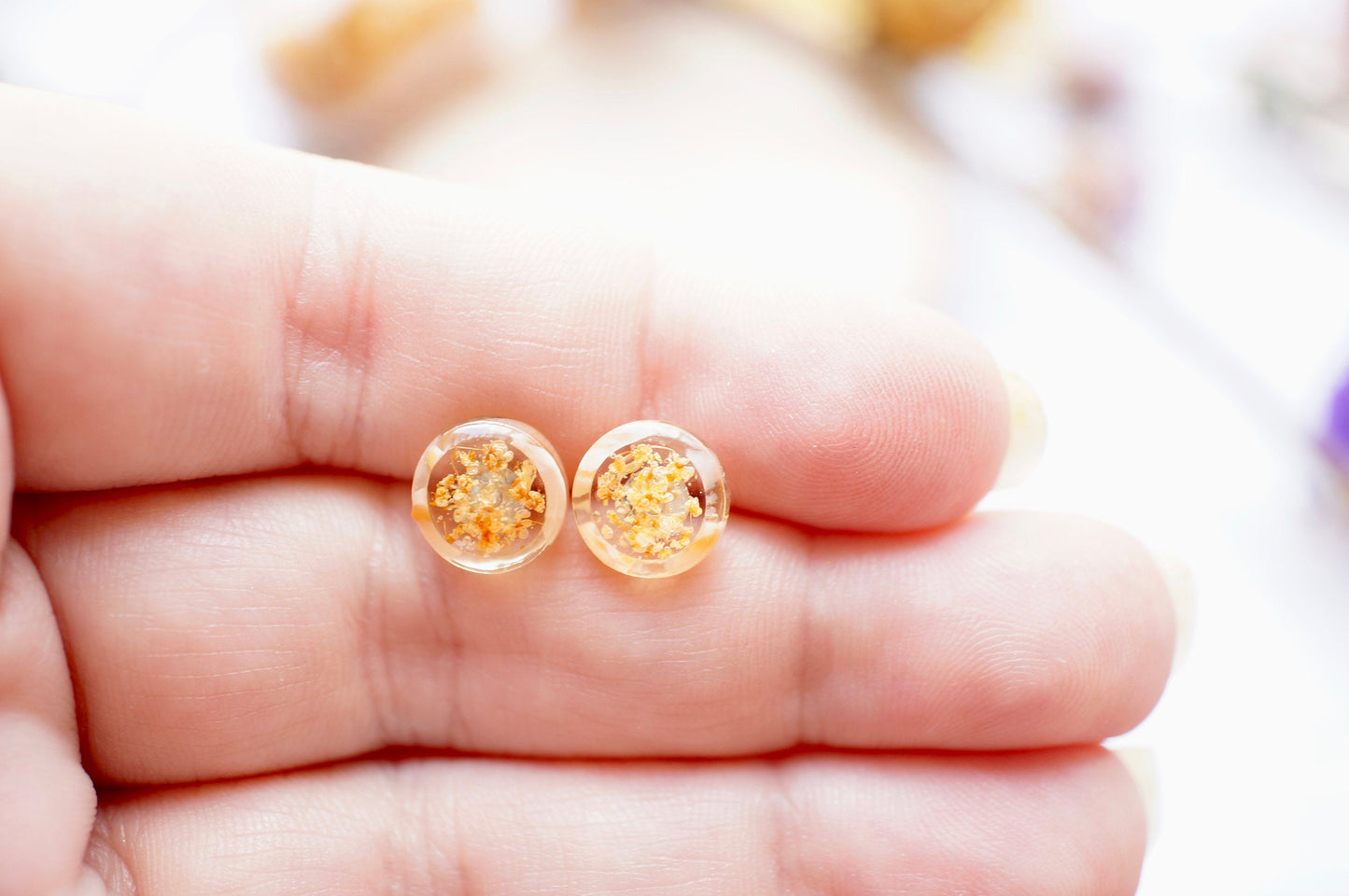 Real Pressed Flowers and Resin, Circle Stud Earrings in Orange