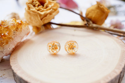 Real Pressed Flowers and Resin, Circle Stud Earrings in Orange