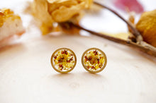 Real Pressed Flowers and Resin Stud Earrings, Raw Brass Circle in Yellow and Brown