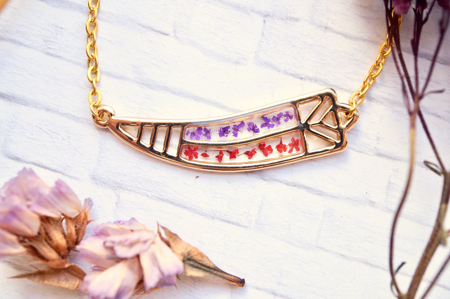 Real Pressed Flowers in Resin, Gold Tribal Horn Necklace in Red and Purple