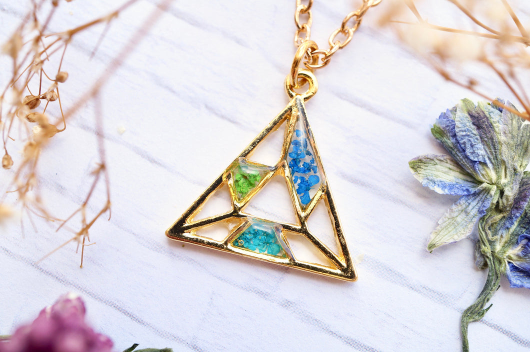 Real Pressed Flowers in Resin, Gold Triangle Necklace in Teal Green Blue
