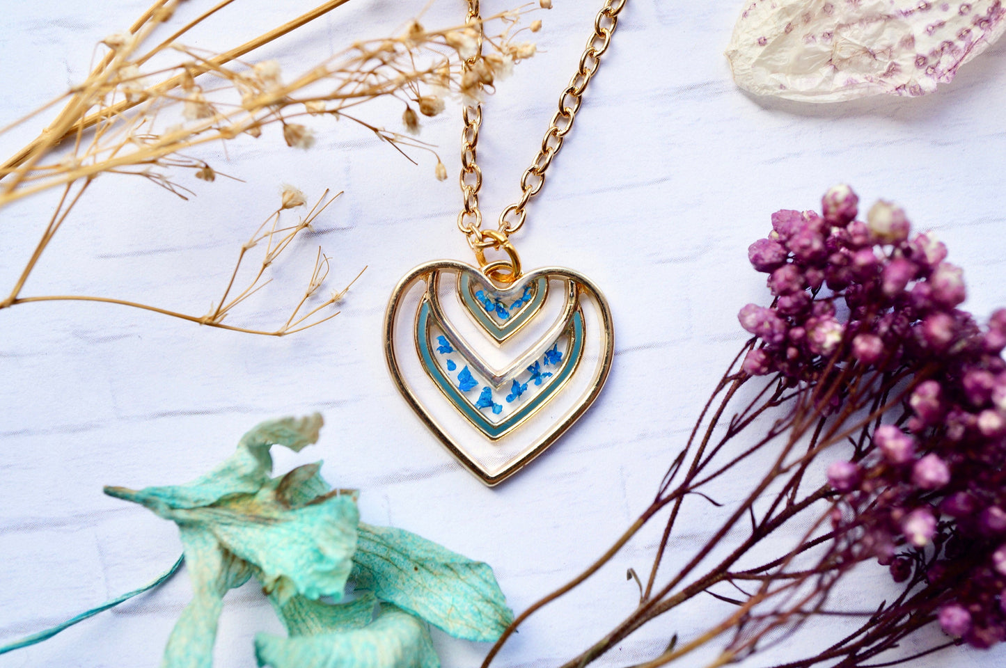 Real Pressed Flowers in Resin, Gold Heart Necklace in Blue