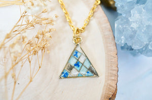 Real Pressed Flowers in Resin, Gold Triangle Necklace in Blues
