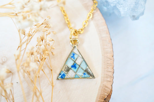 Real Pressed Flowers in Resin, Gold Triangle Necklace in Blues