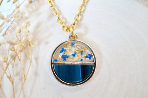 Real Pressed Flowers in Resin, Gold Necklace, Circle in Blue and Gold Flakes