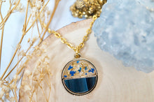 Real Pressed Flowers in Resin, Gold Necklace, Circle in Blue and Gold Flakes