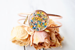 Real Pressed Flowers and Resin Bracelet in Rose Gold with Mint Blue Yellow Pink
