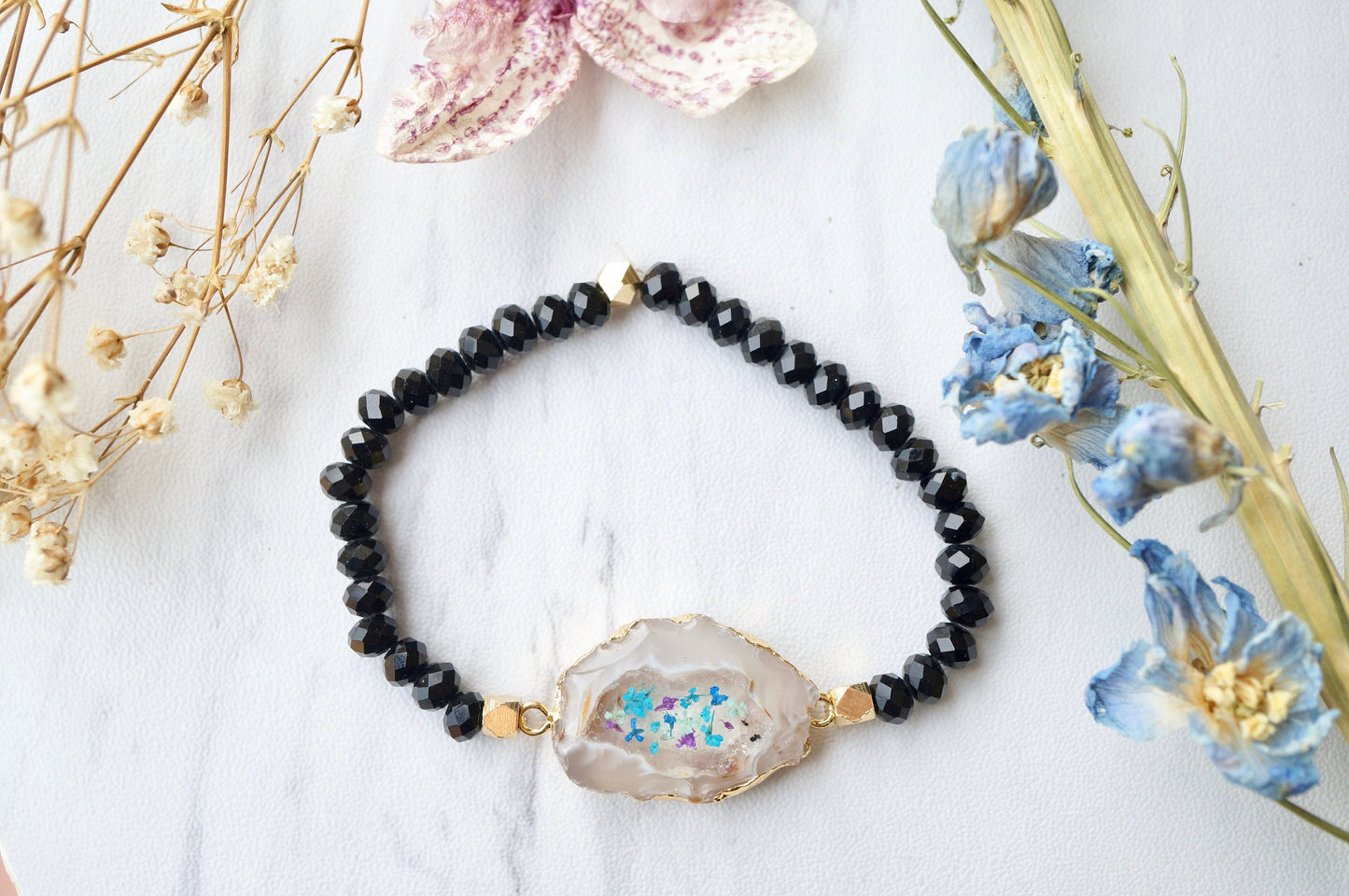 Real Pressed Flowers and Resin Beaded Bracelet, Purple Druzy Geode in Peach Pink Gold