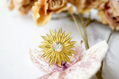 Real Pressed Flower and Resin Ring, Gold Sun in Mint and Light Pink