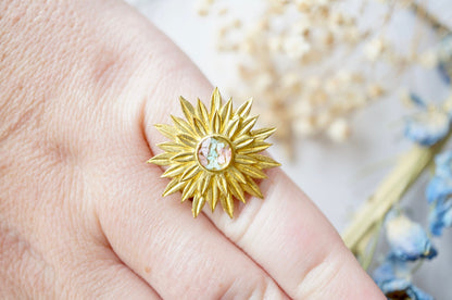 Real Pressed Flower and Resin Ring, Gold Sun in Mint and Light Pink
