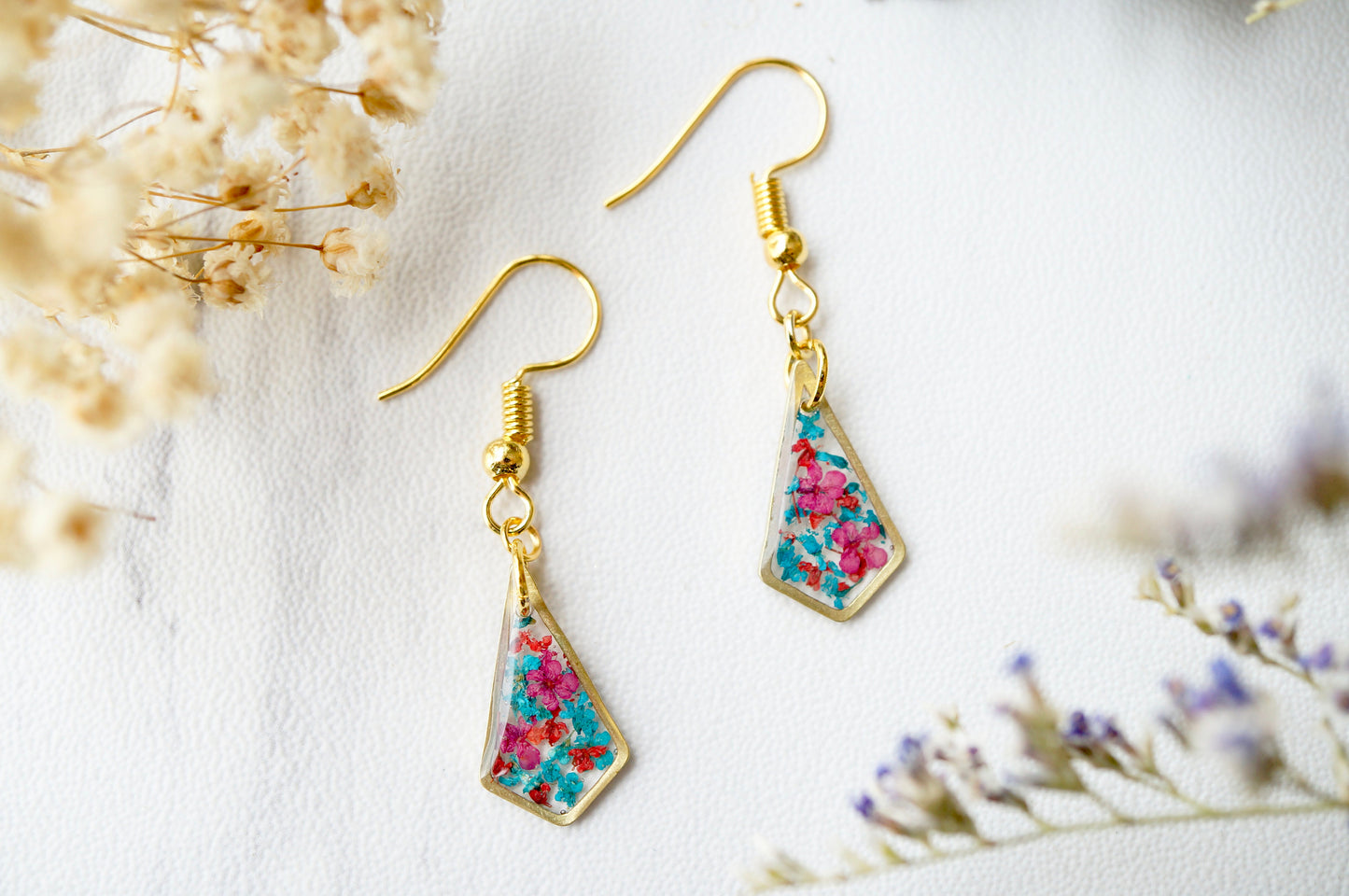 Real Pressed Flowers and Resin Drop Earrings, Gold Diamonds in Teal Red Burgundy