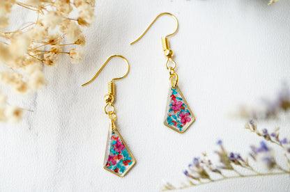 Real Pressed Flowers and Resin Drop Earrings, Gold Diamonds in Teal Red Burgundy