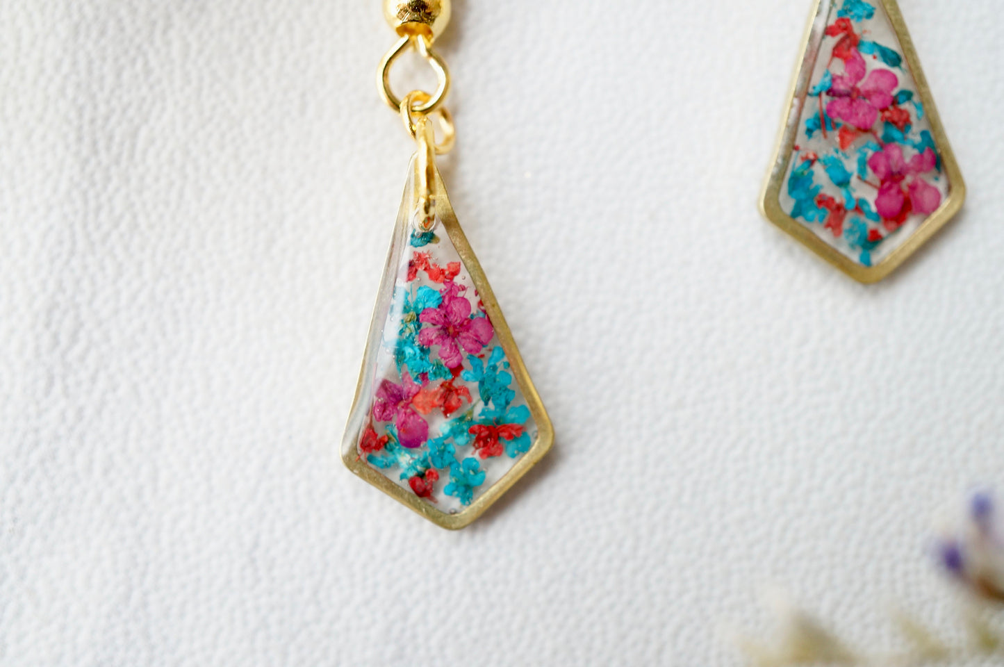 Real Pressed Flowers and Resin Drop Earrings, Gold Diamonds in Teal Red Burgundy