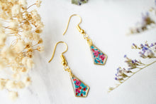 Real Pressed Flowers and Resin Drop Earrings, Gold Diamonds in Teal Red Burgundy