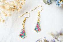 Real Pressed Flowers and Resin Drop Earrings, Gold Diamonds in Teal Red Burgundy