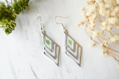 Real Pressed Flowers and Resin Earrings, Silver Drops with Green Fern