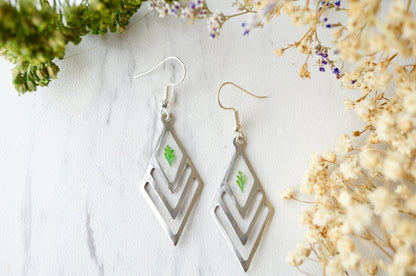 Real Pressed Flowers and Resin Earrings, Silver Drops with Green Fern