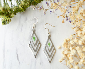 Real Pressed Flowers and Resin Earrings, Silver Drops with Green Fern