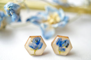 Real Pressed Flowers and Resin on Wood Stud Earrings in Blue