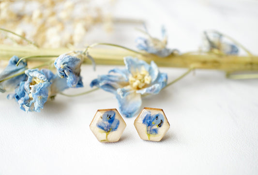 Real Pressed Flowers and Resin on Wood Stud Earrings in Blue