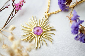 Real Pressed Flowers in Resin, Gold Necklace, Sun in Purple