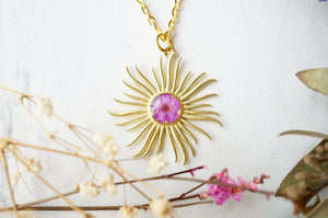 Real Pressed Flowers in Resin, Gold Necklace, Sun in Purple