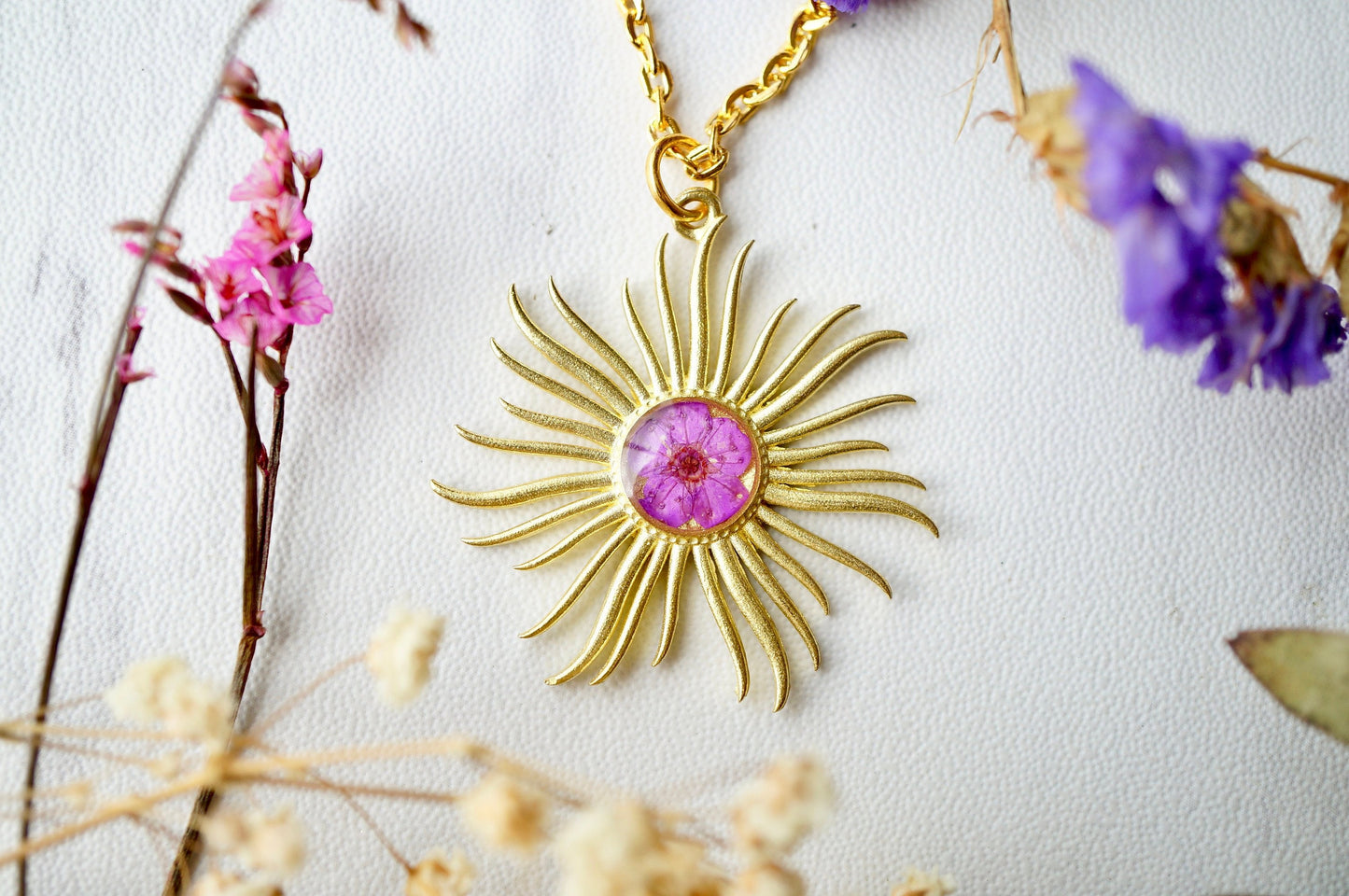 Real Pressed Flowers in Resin, Gold Necklace, Sun in Purple