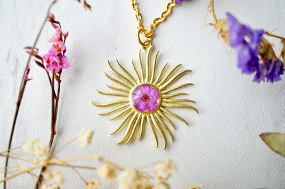 Real Pressed Flowers in Resin, Gold Necklace, Sun in Purple