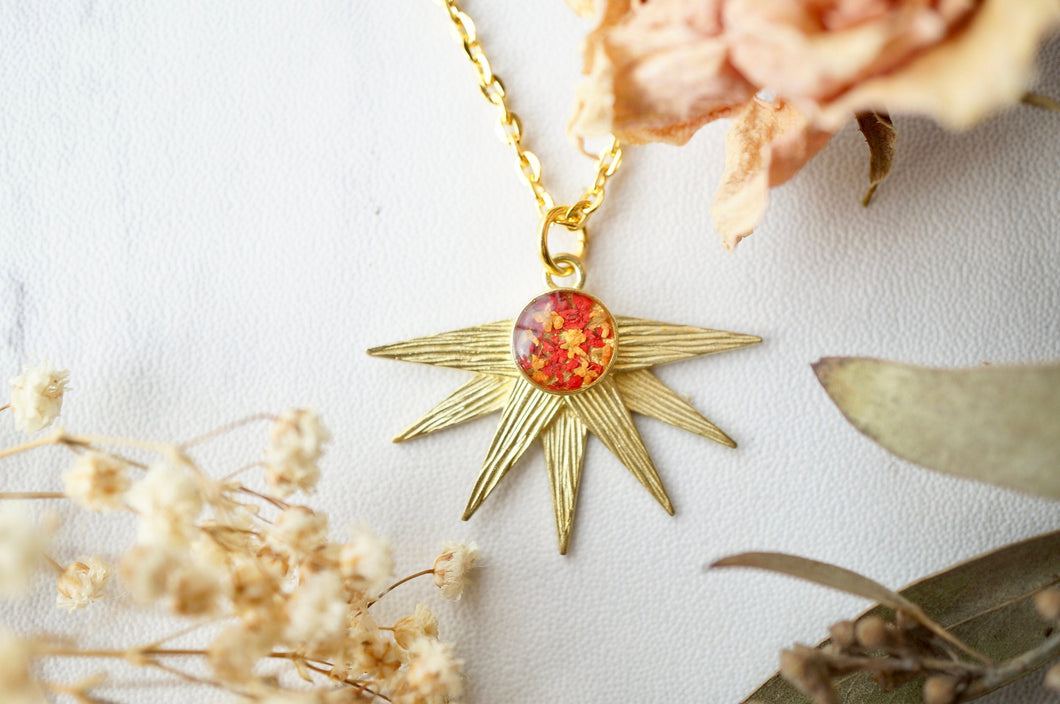 Real Pressed Flowers in Resin, Gold Necklace, Sun in Red and Orange