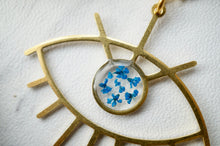 Real Pressed Flowers in Resin, Gold Necklace, Brass Eye in Blue