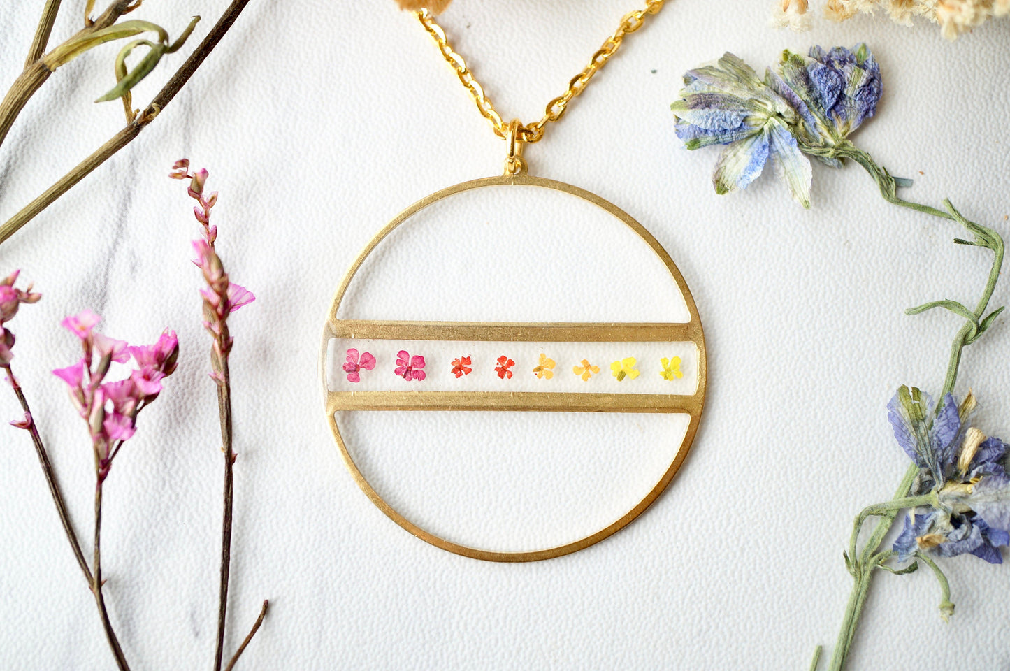 Real Pressed Flowers in Resin, Gold Necklace, Ombre Circle In Burgundy Red Orange Yellow