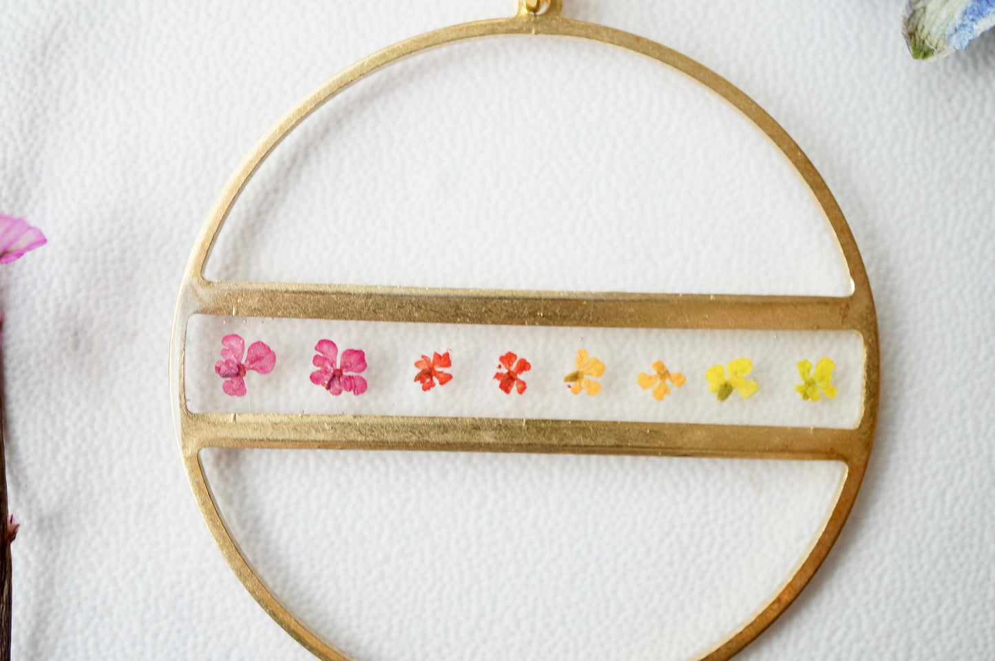 Real Pressed Flowers in Resin, Gold Necklace, Ombre Circle In Burgundy Red Orange Yellow