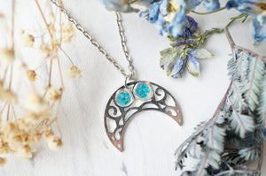 Real Pressed Flowers in Resin, Silver Tribal Necklace in Teal