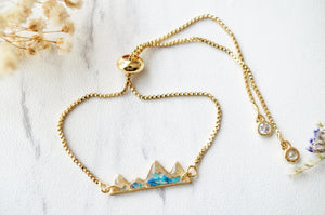 Real Pressed Flowers and Resin Adjustable Bracelet, Gold Mountains in Blue and Teal