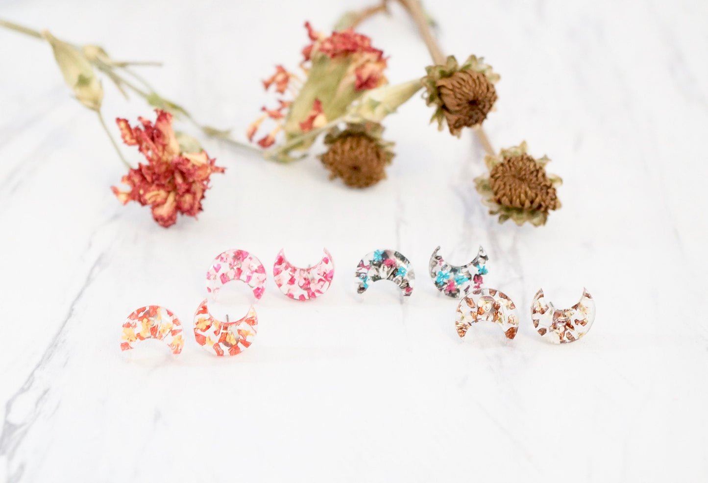 CUSTOM Real Pressed Flowers and Resin Celestial Moon Stud Earrings