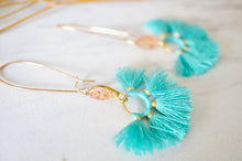 Real Pressed Flowers and Resin Dangle Earrings, Gold and Teal Tassels with Peach Flowers