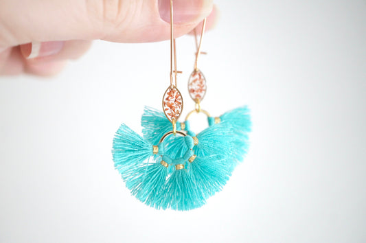 Real Pressed Flowers and Resin Dangle Earrings, Gold and Teal Tassels with Peach Flowers