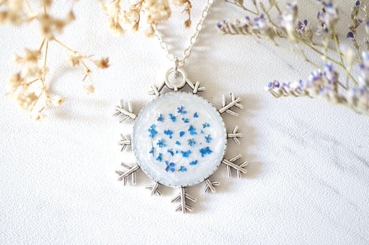 Real Pressed Flowers in Resin, Silver Snowflake Necklace