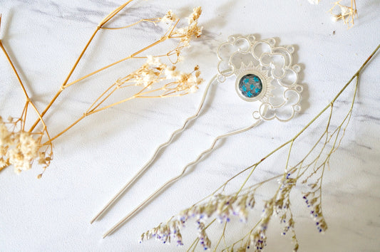 Real Pressed Flowers in Resin, Silver Hair Pin