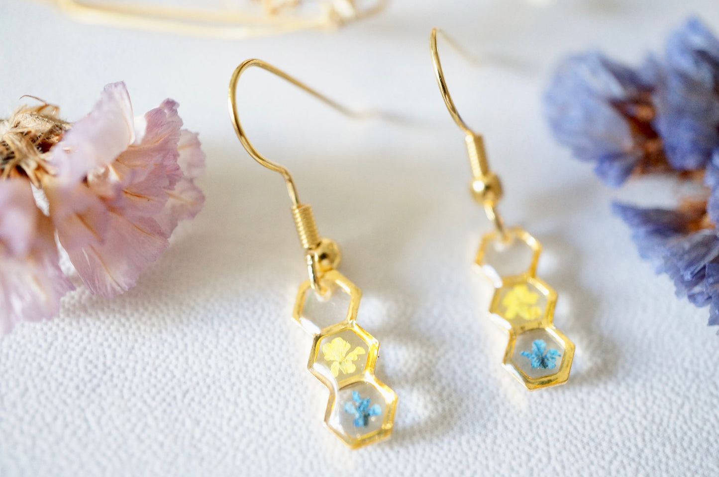 Real Pressed Flowers and Resin, Gold Earrings in Hexagon Drop