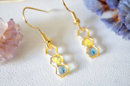 Real Pressed Flowers and Resin, Gold Earrings in Hexagon Drop