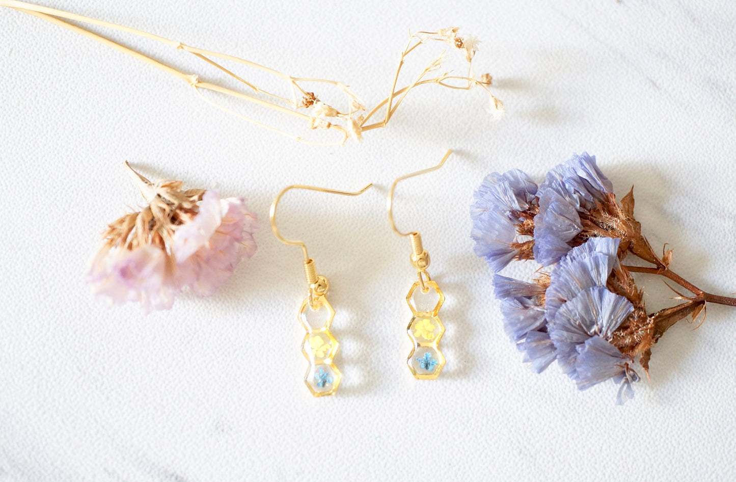 Real Pressed Flowers and Resin, Gold Earrings in Hexagon Drop