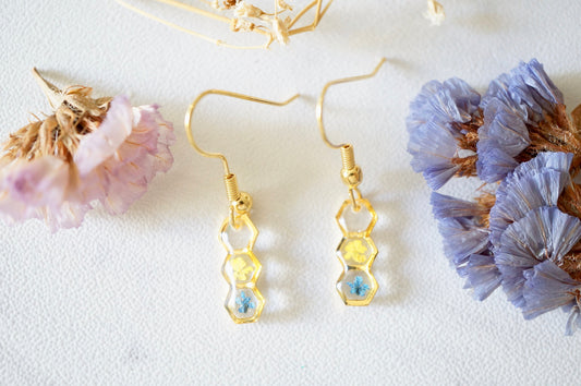 Real Pressed Flowers and Resin, Gold Earrings in Hexagon Drop