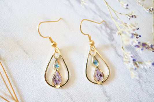 Real Pressed Flowers and Resin, Gold Teardrop Earrings