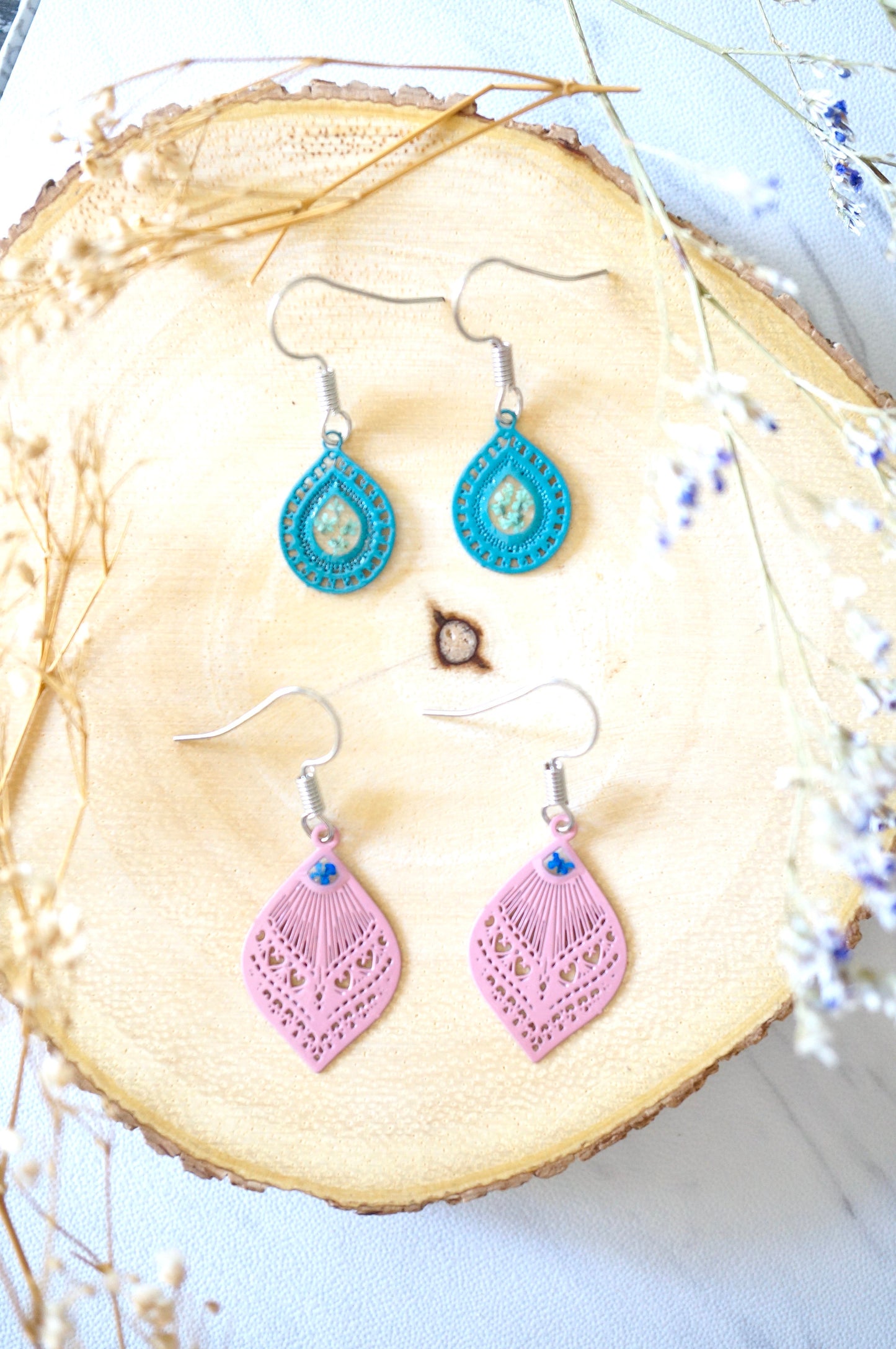 Real Pressed Flowers and Resin, Teal Metal Drop Earrings